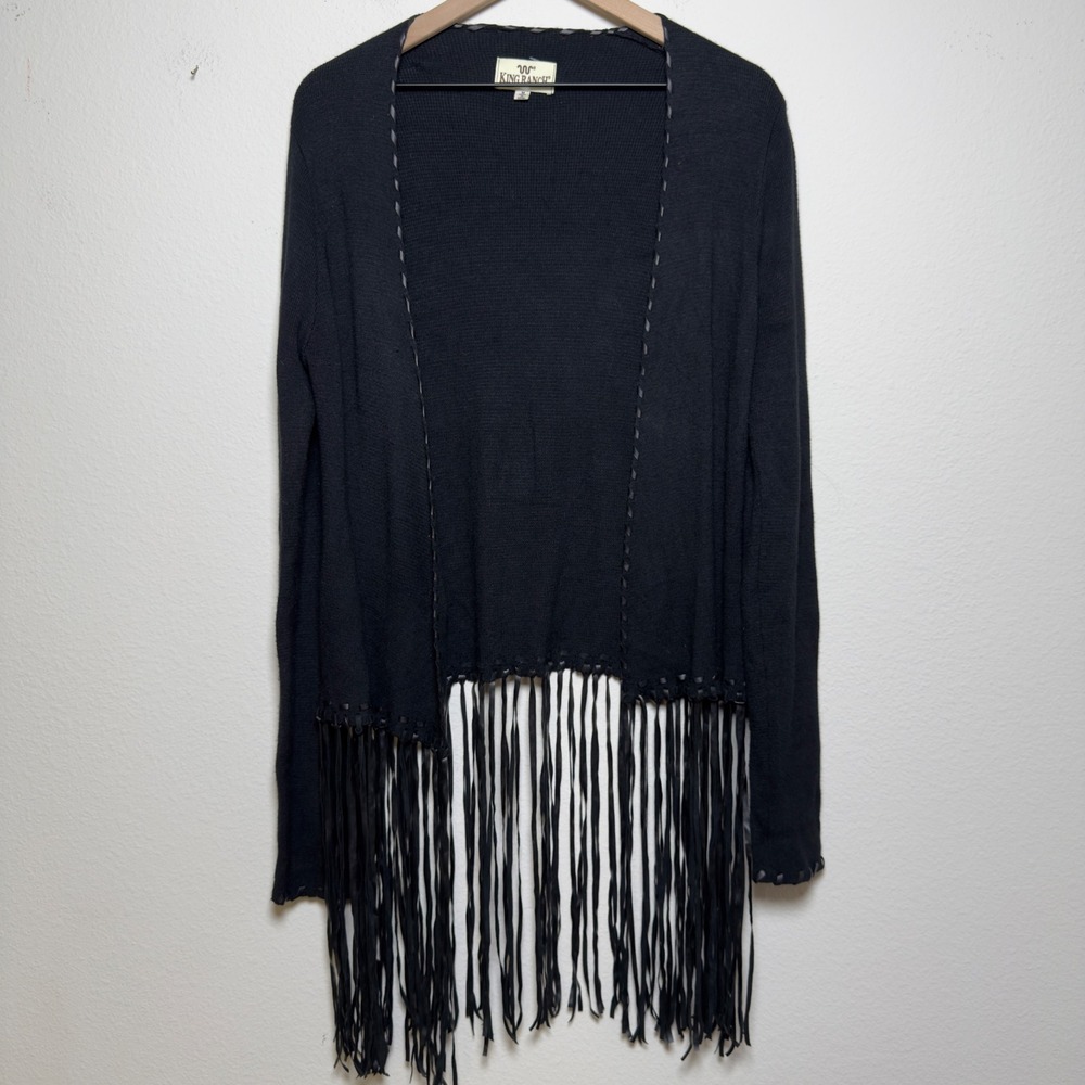 King Ranch Women Fringe Cardigan Sweater Medium Black Faux Leather Trim Western